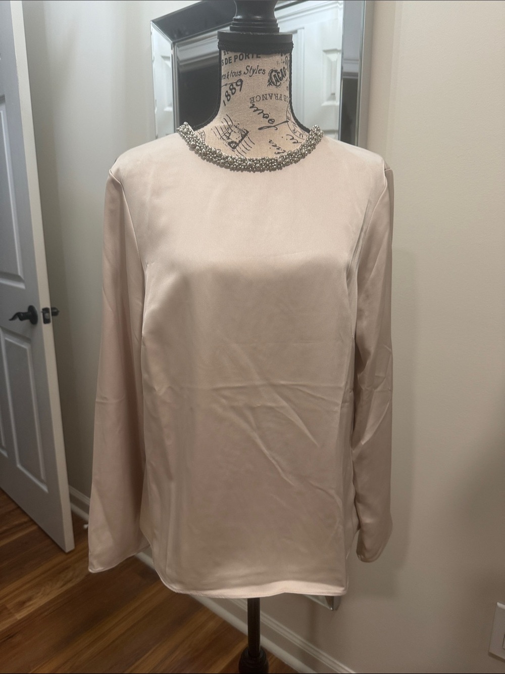H&M Jeweled Neck Satin Long-Sleeve Blouse - Cream